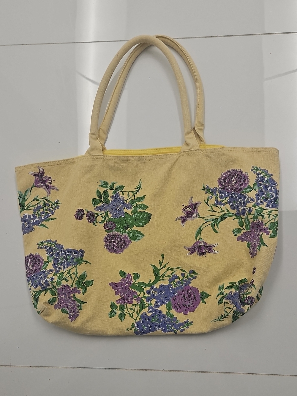 Yellow Floral Canvas Tote Bag with Purple Bloom Print